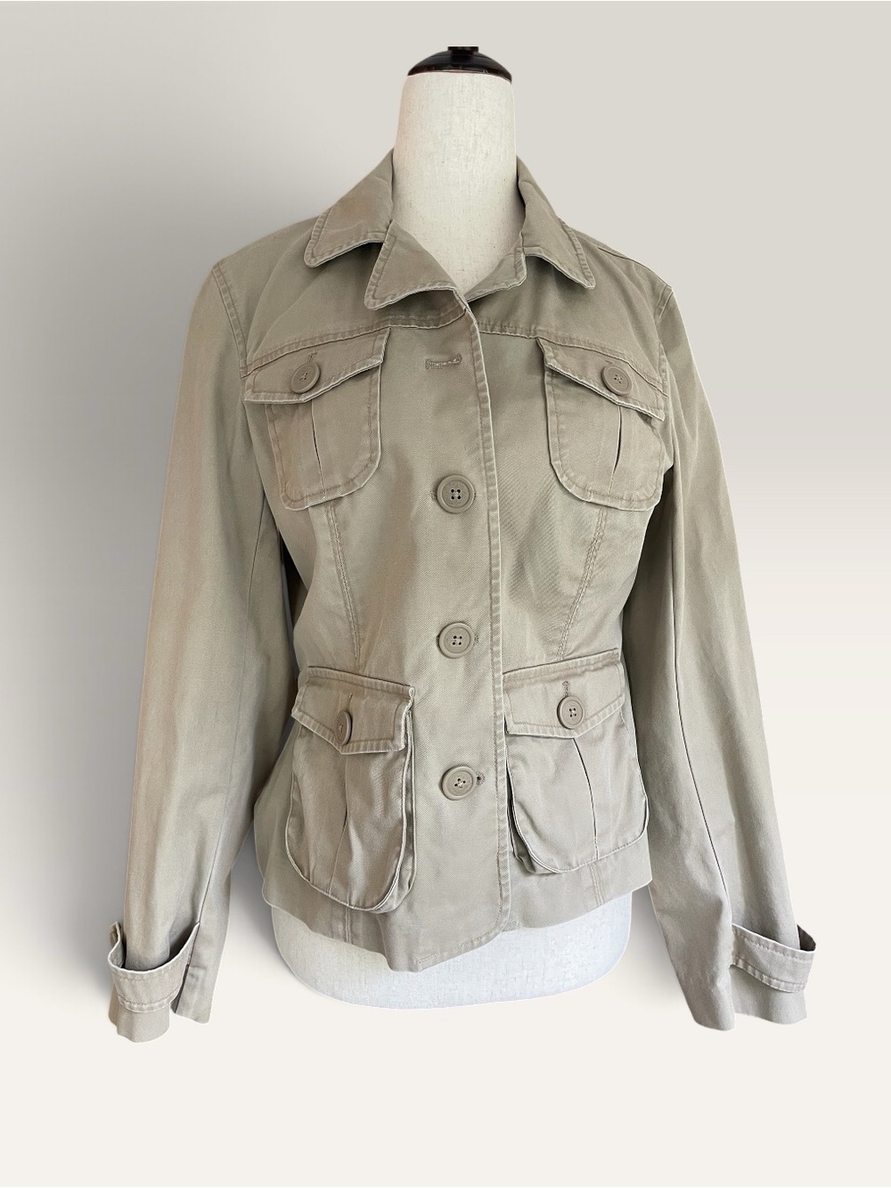 Stretch Cotton Safari Utility Jacket Khaki Talbots Size 4 Four Pocket